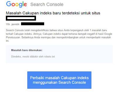 Pesan "Diindeks, meski diblokir oleh robots.txt" di Google Search Console.
